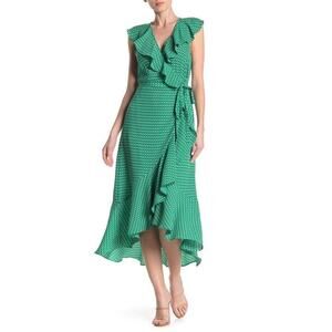 Max Studio Green Printed Asymmetric Midi Wrap Dress Ruffle Detail Size Large